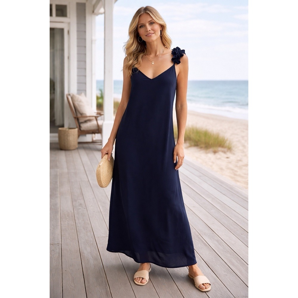 Vince Camuto Maxi Dress S Navy Ruffle Sleeveless V Neck Viscose Coastal Beachy‎